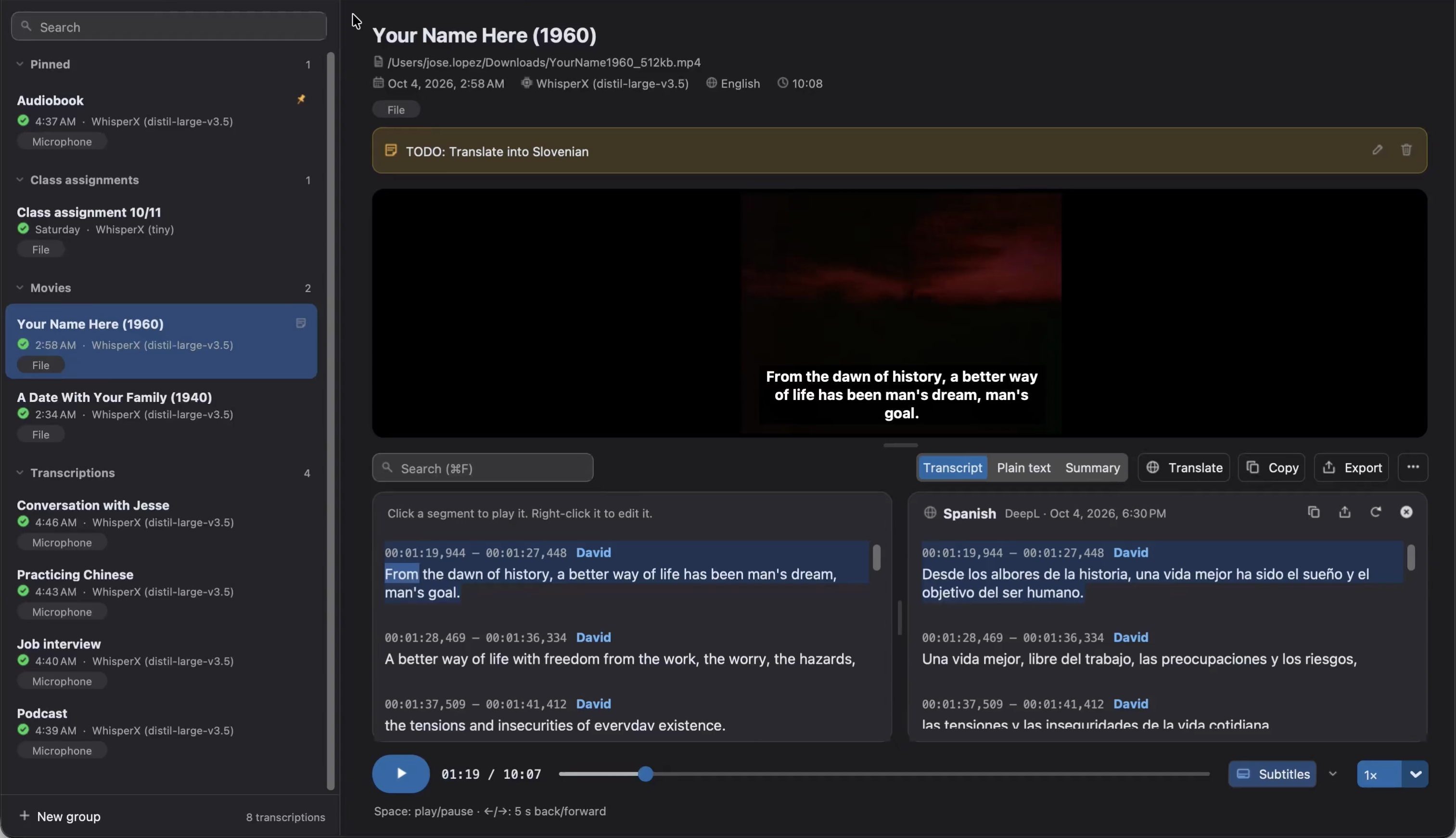 A transcription being played, with the current segment highlighted