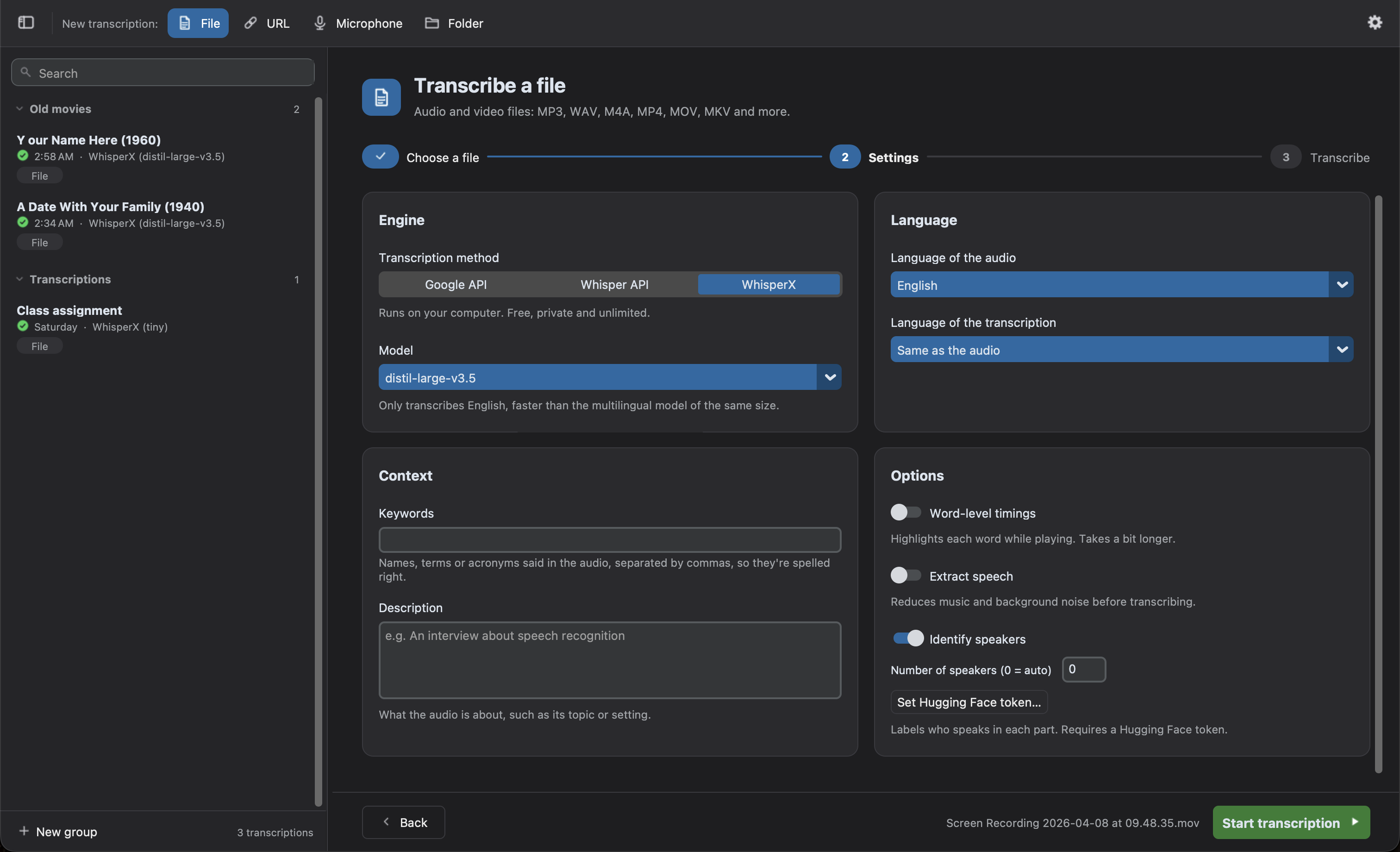 The settings of the transcription of a file